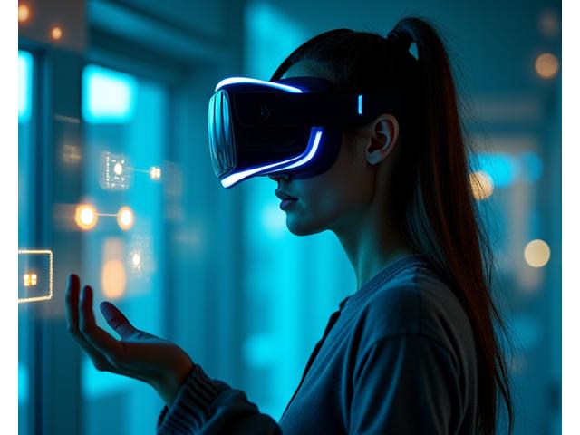 Person wearing a sleek VR headset, interacting with holographic elements