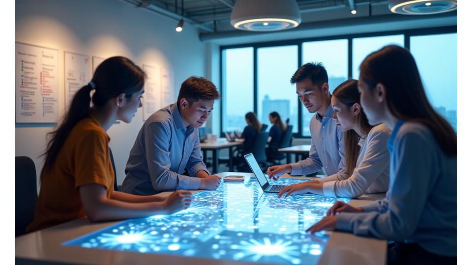 A diverse team of Asobiyoka employees actively collaborating and brainstorming ideas in a modern, open-plan office.